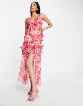 ASOS怎么样, ASOS | ASOS DESIGN soft cut about ruffle midi skirt co-ord with high split in pink floral商品图片 