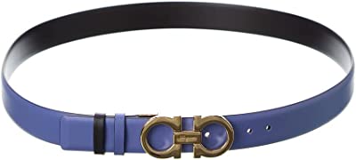 牛皮菲拉格慕皮带, Salvatore Ferragamo | SALVATORE FERRAGAMO 女士蓝色黑色牛皮饰有金色GANCINI双面腰带 0755926商品图片 独家减免邮费