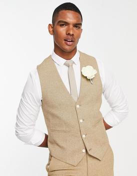 商品ASOS DESIGN wedding skinny wool mix suit waistcoat in camel basketweave texture图片