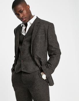商品ASOS DESIGN super skinny suit jacket in check wool mix in khaki图片
