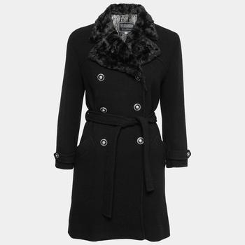 推荐Versus Versace Vintage Black Faux-Fur Collar Wool Belted Coat S商品