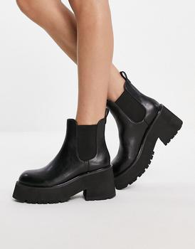 推荐Rule London Exclusive Roe chunky heeled chelsea boots in black PU商品