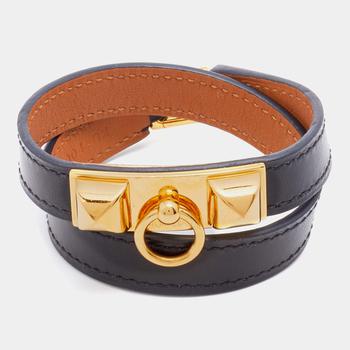 美国爱马仕手镯, [二手商品] Hermes | Hermès Black Leather Gold Plated Rivale Double Tour Bracelet S商品图片 7.2折