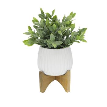 商品11" Artificial Tea Leaf in Ridge Ceramic Pot on Wood Stand图片