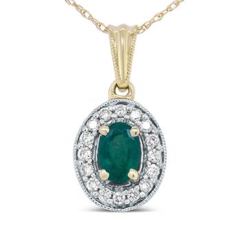 商品14K Yellow Gold 6x4mm Emerald and 1/5 Cttw Round Diamond Halo Pendant 18'' Necklace - (H-I Color图片