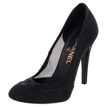 美国香奈儿鞋, [二手商品] Chanel | Chanel Black Fabric And Net CC Round Toe Pumps Size 38.5商品图片 4.6折