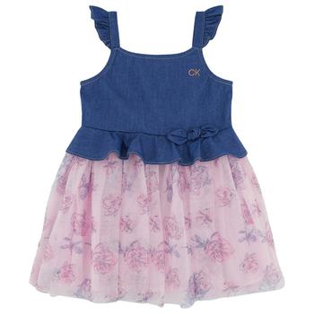 商品Little Girls Flutter Trim Denim and Floral Mesh Dress,商家Macy's,价格¥161图片