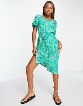 VERO MODA怎么样, VERO MODA | Vero Moda short puff sleeve button down midi dress in green print商品图片 
