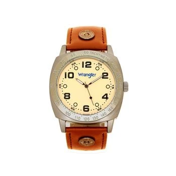 Wrangler | Men's Watch, 44MM IP Grey Cushion Shaped Case, Beige Dial with Black Arabic Numerals, Brown Strap Rivets, Second Hand 
