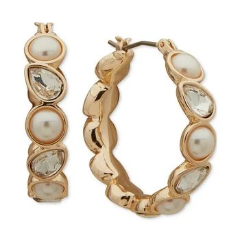 Anne Klein | Gold-Tone White Imitation Pearl & Crystal Small Hoop Earrings , 0.85" 独家减免邮费