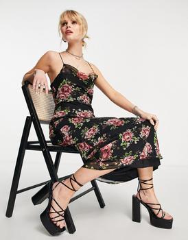 商品ASOS DESIGN chiffon cowl neck slip maxi dress in large rose floral图片