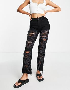 ASOS | ASOS DESIGN 90's straight jeans with extreme rips in black商品图片,