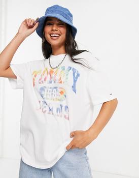 推荐Tommy Jeans cotton tye dye collegiate logo oversized t-shirt in white - WHITE商品