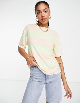 推荐ASOS DESIGN boxy tee shirt in peach and green stripe商品