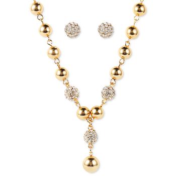 Charter Club | Gold-Tone Bead & Pavé Fireball Lariat Necklace & Stud Earrings Set, Created for Macy's商品图片,4折