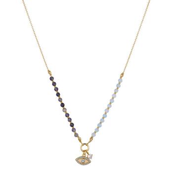 Unwritten | 14k Gold Plated Cubic Zirconia and Crystal Evil Eye on a Lolite and Aquamarine Beaded Chain Necklace商品图片,6折×额外8.5折, 额外八五折