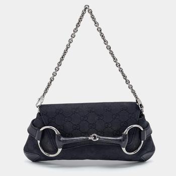 推荐Gucci Black GG Canvas Horsebit Chain Clutch商品