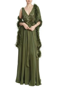 推荐Sequin Feather Wrap Gown In Moss商品