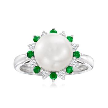 商品Ross-Simons 9-9.5mm Cultured Pearl Halo Ring With . White Sapphires and . Emeralds in Sterling Silver图片