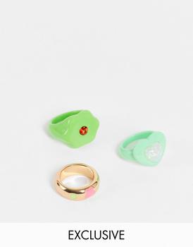 Reclaimed Vintage | Reclaimed Vintage inspired unisex chunky heart and shapes rings with plastic stones in bright resin 3 pack商品图片,3折