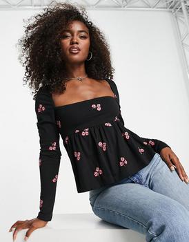ASOS | ASOS DESIGN square neck top with red floral embroidery in black商品图片,