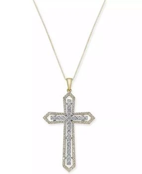 Macy's | Diamond Two-Tone Cross Pendant Necklace (1 ct. t.w.) in 14k Yellow and White Gold,商家Macy's,价格¥16553