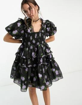 推荐Dream Sister Jane puff sleeve frill mini dress in black floral商品