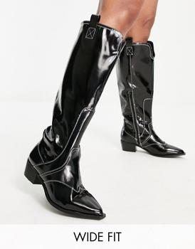 推荐Public Desire Wide Fit Kentucky knee high western boots in black商品