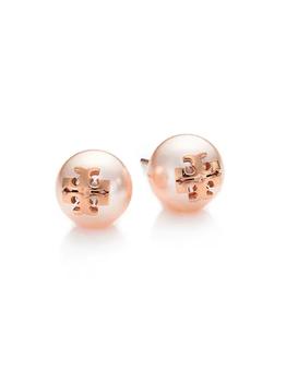Tory Burch | Crystal-Pearl Rose Goldtone Logo Stud Earrings商品图片,