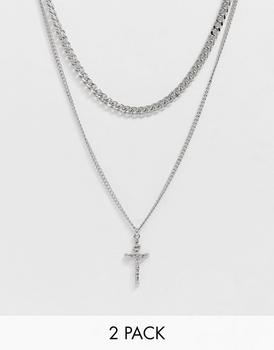 推荐ASOS DESIGN 2 pack layered neck chain with cross in silver tone商品