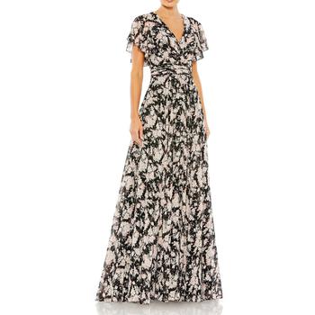 Mac Duggal | Mac Duggal Women's Contrast Floral Print Flutter Sleeve A-Line Gown商品图片,5折×额外9折, 独家减免邮费, 额外九折