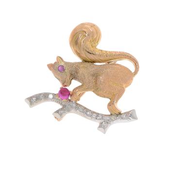 商品Zydo 18K Yellow And White Gold, Diamond And Pink Ruby Squirrel Brooch图片