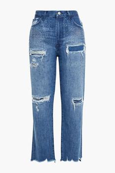 J Brand | Jules crystal-embellished distressed high-rise straight-leg jeans商品图片,3折