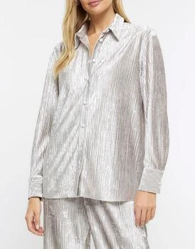 River Island | River Island Crushed velvet long sleeve shirt in silver 