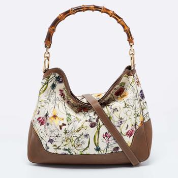 推荐Gucci White Floral Canvas and Leather Peggy Bamboo Handle Hobo商品