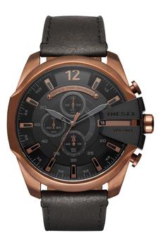推荐DIESEL Men's Mega Chief Chronograph Copper-Tone and Black Leather Strap Watch, 51mm商品