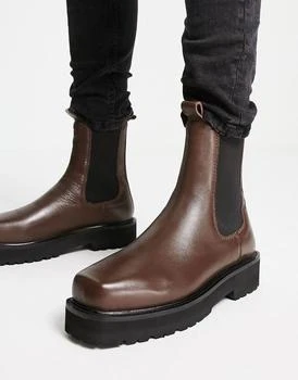 推荐ASRA cacti square toe high shaft chelsea boots in brown leather商品