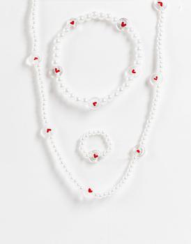 商品Pieces 3 pack pearl necklace, bracelet & ring set in white图片