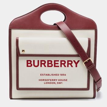 burberry tote, Burberry | Burberry Burgundy/White Leather And Canvas Medium Pocket Bag商品图片 9.4折