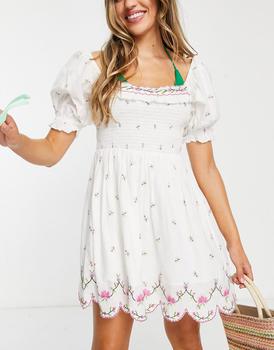 推荐River Island embroidered shirred mini beach dress in white商品