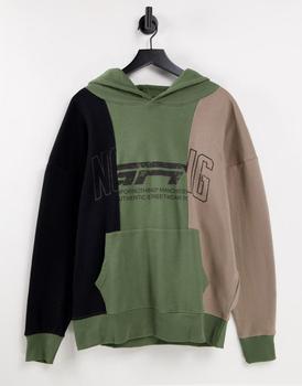 推荐Good For Nothing oversized spliced hoodie in black and khaki with mixed logo print商品