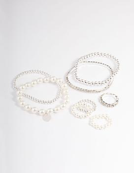 商品Rhodium Mixed Diamante Pearl Bracelet and Ring Pack图片