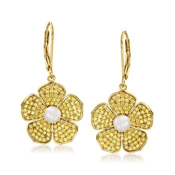 Ross-Simons | Ross-Simons 5-5.5mm Cultured Pearl and Yellow Sapphire Flower Drop Earrings in 18kt Gold Over Sterling 4.6折, 独家减免邮费