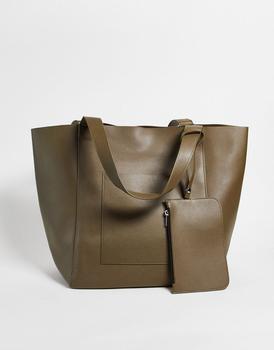 商品ASOS DESIGN oversized tote bag in khaki faux leather with detachable wallet图片