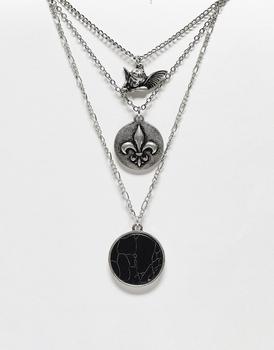 Reclaimed Vintage | Reclaimed Vintage unisex multirow necklace with cherub pendant in silver商品图片,7.9折×额外9.5折, 额外九五折