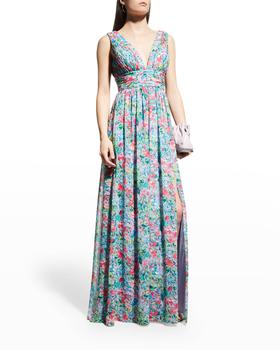 Floral-Print Deep V-Neck A-Line Gown product img