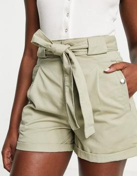product Miss Selfridge tie waist paperbag denim shorts in sage green image