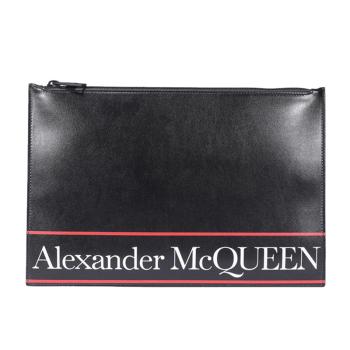 商品Alexander McQueen 男士黑色白色字母logo小牛皮拉链手拿包 560472-1SJ6B-1092图片
