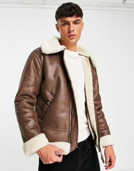 推荐Alpha Industries B3 faux leather shearling flight jacket in brown商品