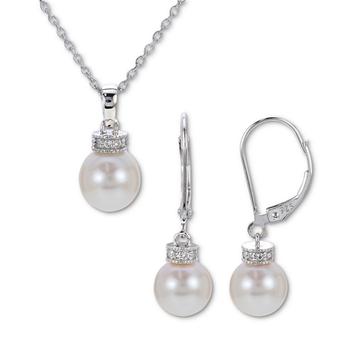 商品2-Pc. Set Cultured Freshwater Pearl (7-1/2-8-1/2mm) & White Topaz (1/10 ct. t.w.) Pendant Necklace and Matching Drop Earrings in Sterling Silver图片